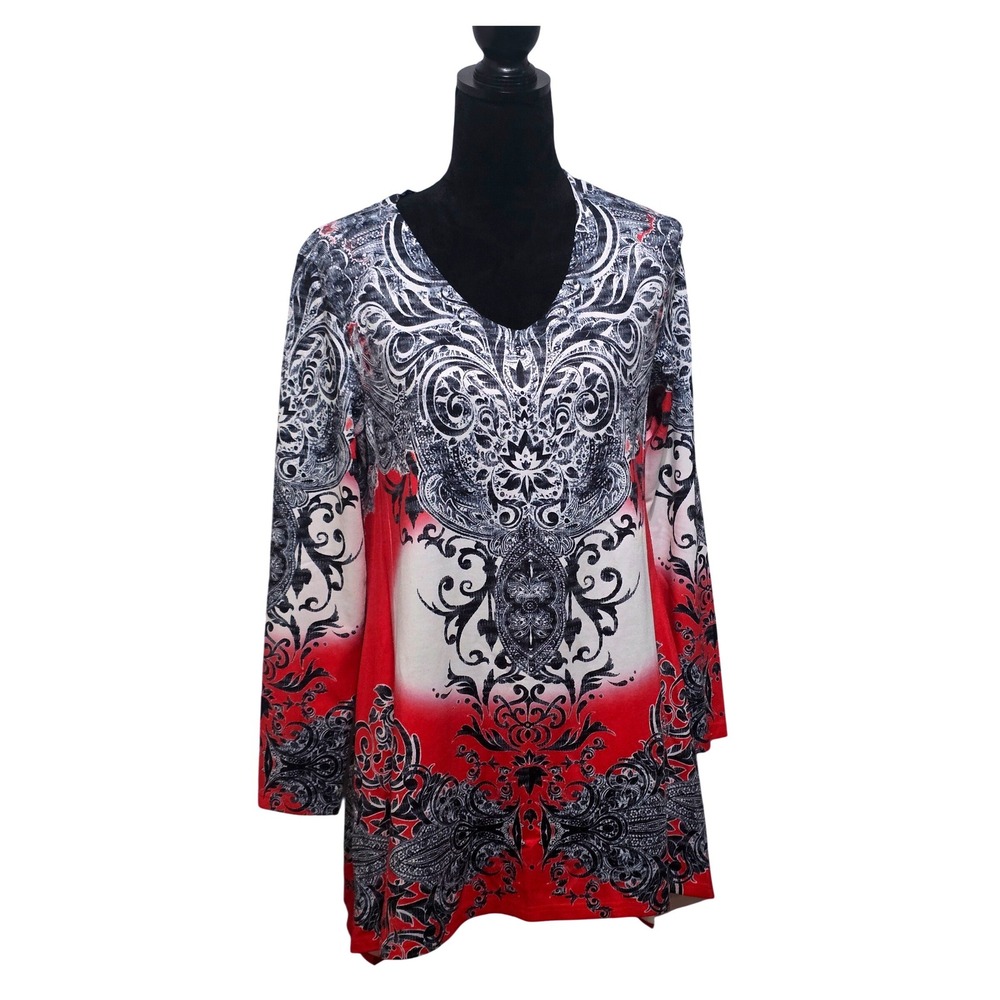 Kristine Accessories Red Ombre Damask Baroque‎ V-Neck Tunic Top Womens Large B2